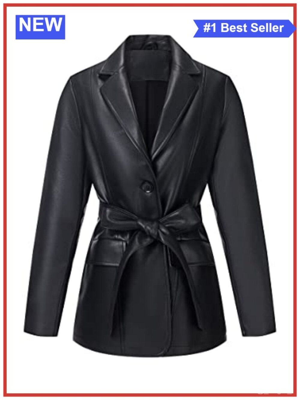 Faux Leather Blazer Jacket with Belt PU Coat Notch Lapel